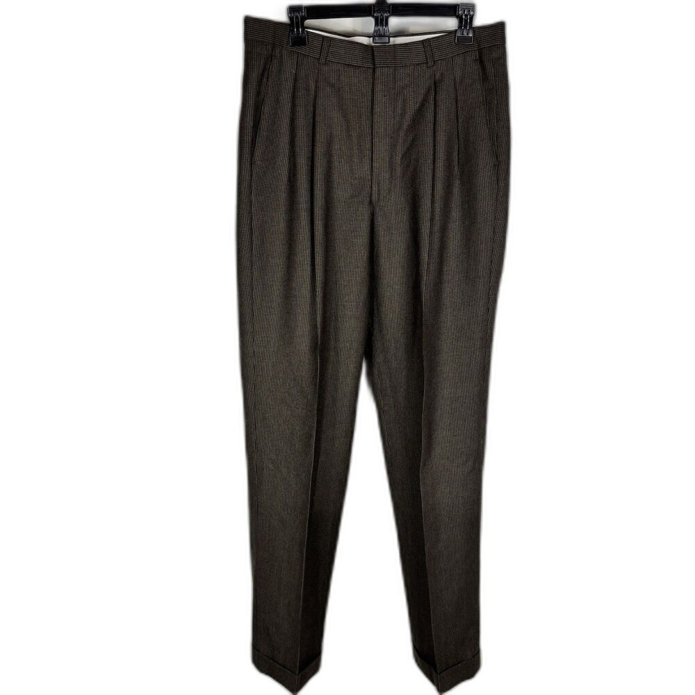 Brooks Brothers Mens Wool Dress Pants Brown Pleated Cuffed 34x34 Houndstooth New